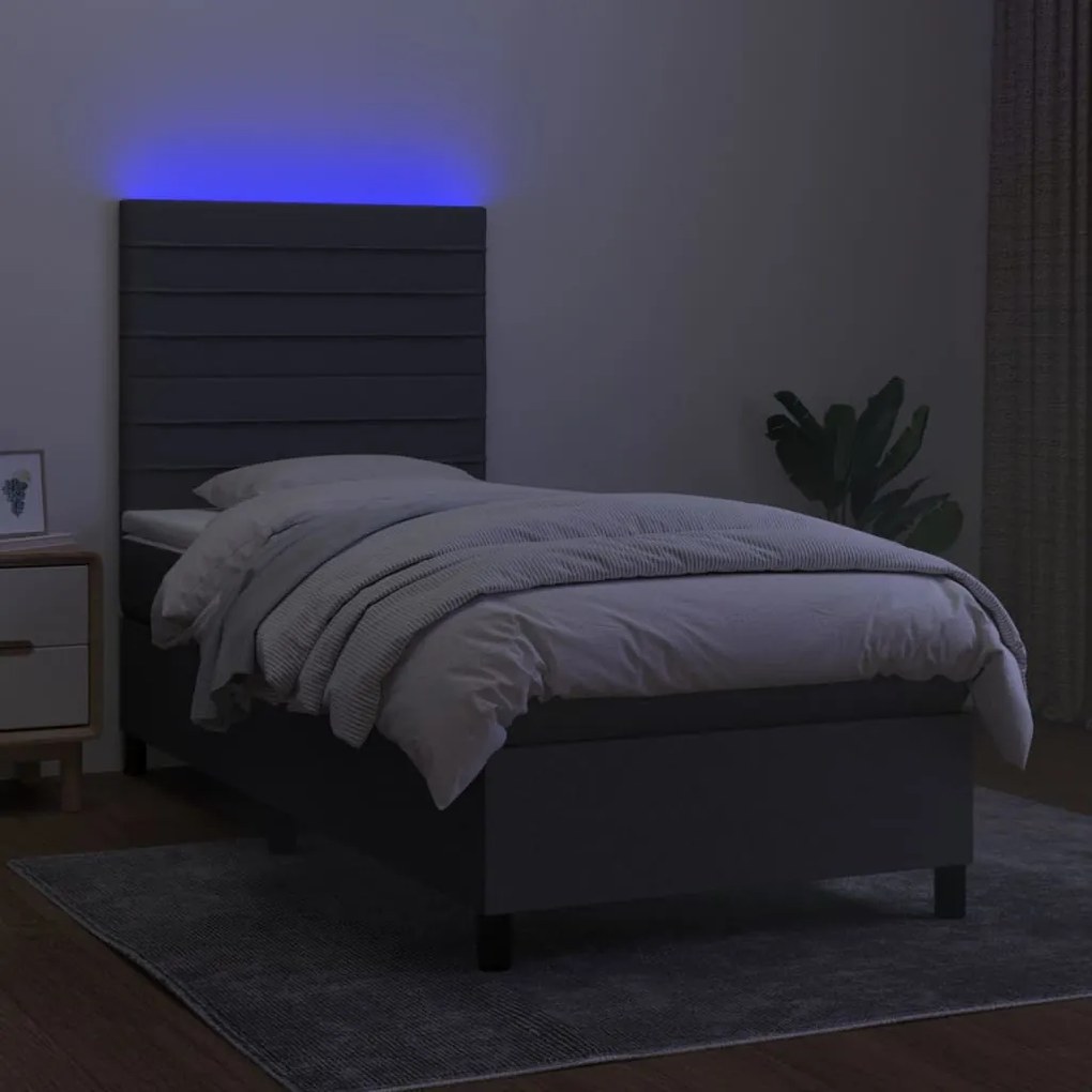 Cama box spring c/ colchão e LED 90x190 cm tecido cinza-escuro