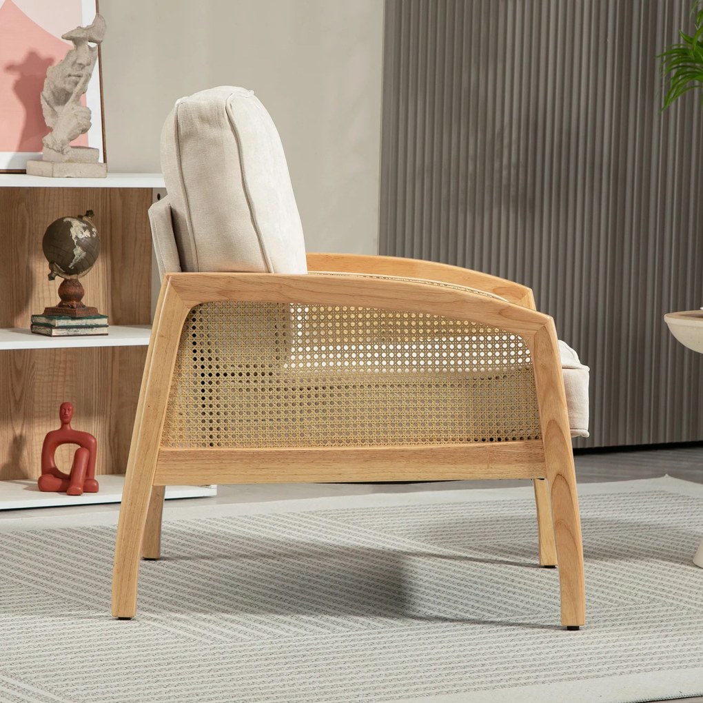 Poltrona Sala de Estar Moderna com Apoio para os Braços em Vime e Pés de Madeira para Escritório 67x75x88 cm Bege
