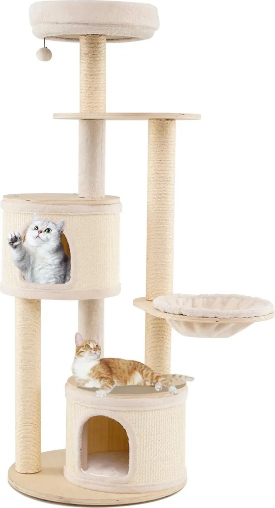 Arranhador para gatos 58 x 152 cm com postes de sisal e tapete 2 cavernas, Brinquedo suspenso Almofada lavável de pelúcia para interior Natural