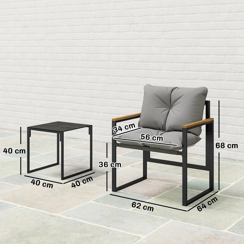 Conjunto de jardim de 3 peças para 2 pessoas, composto por 2 cadeirões, 1 mesa de centro com tampo em vidro temperado e almofadas, cinzento