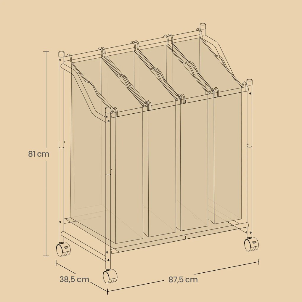 Cesto para roupa suja com rodas, 4 x 35 L, com 4 sacos removíveis 87,5 x 38,5 x 67/81 cm preto
