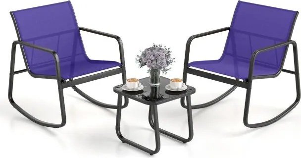 Conjunto de 3 peças baloiço para jardim, 2 cadeiras de bistrô e mesa baixa de vidro com tecido de malha respirável e faixa antiderrapante Azul