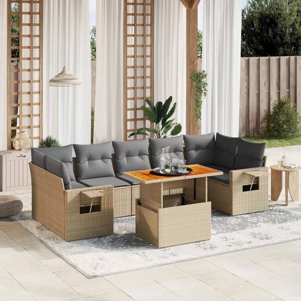 8 pcs conjunto de sofás p/ jardim com almofadões vime PE bege