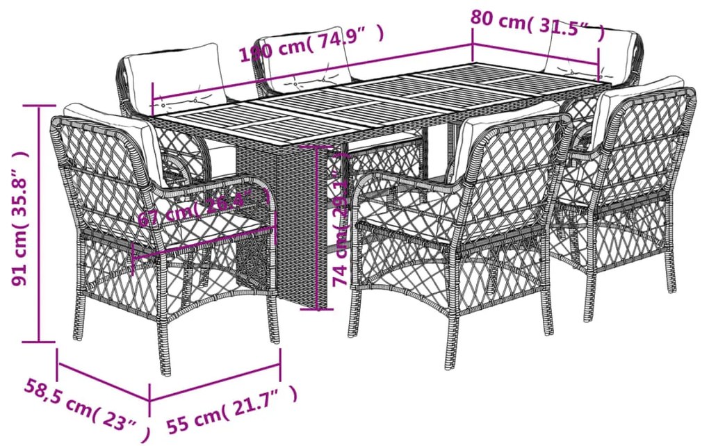 7 pcs conjunto de jantar p/ jardim c/ almofadões vime PE cinza