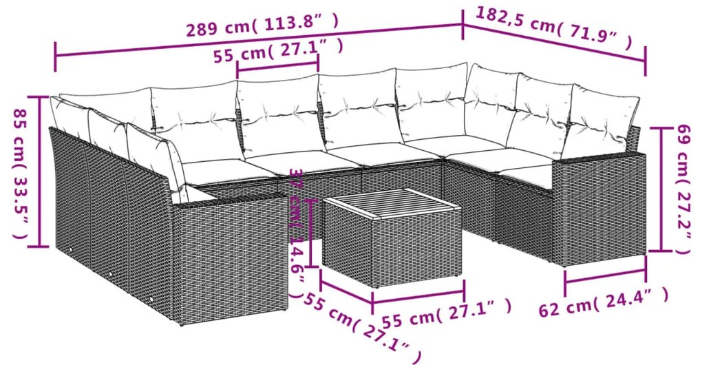 10 pcs conjunto sofás de jardim c/ almofadões vime PE cinzento
