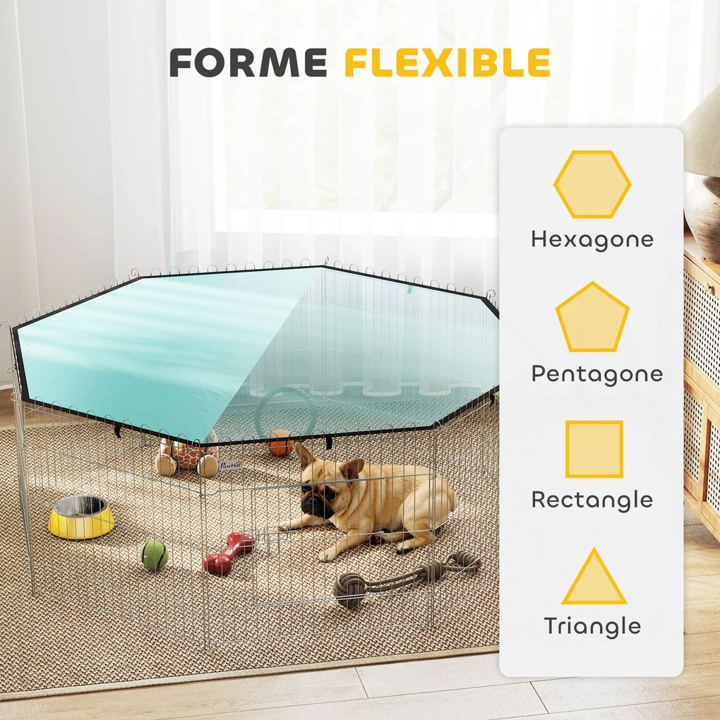 Parque para cães com 60 cm de altura, com 8 painéis e cobertura, modular e dobrável, recinto portátil e porta verde e prateada