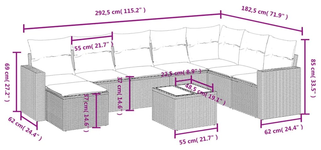 9 pcs conj. sofás jardim com almofadões vime PE cinzento-claro