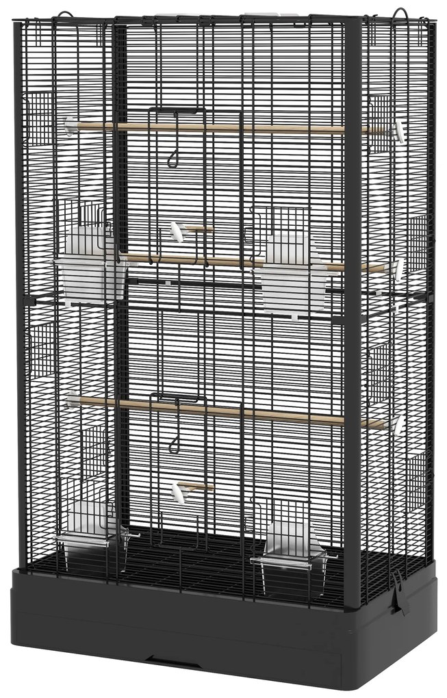 Gaiola para Pássaros 61x36,5x98 cm com Portas Poleiros Bandeja Removível e Alças para Canários Periquitos Preto
