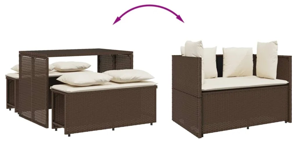 3 pcs conjunto jantar p/ jardim c/ almofadões vime PE castanho