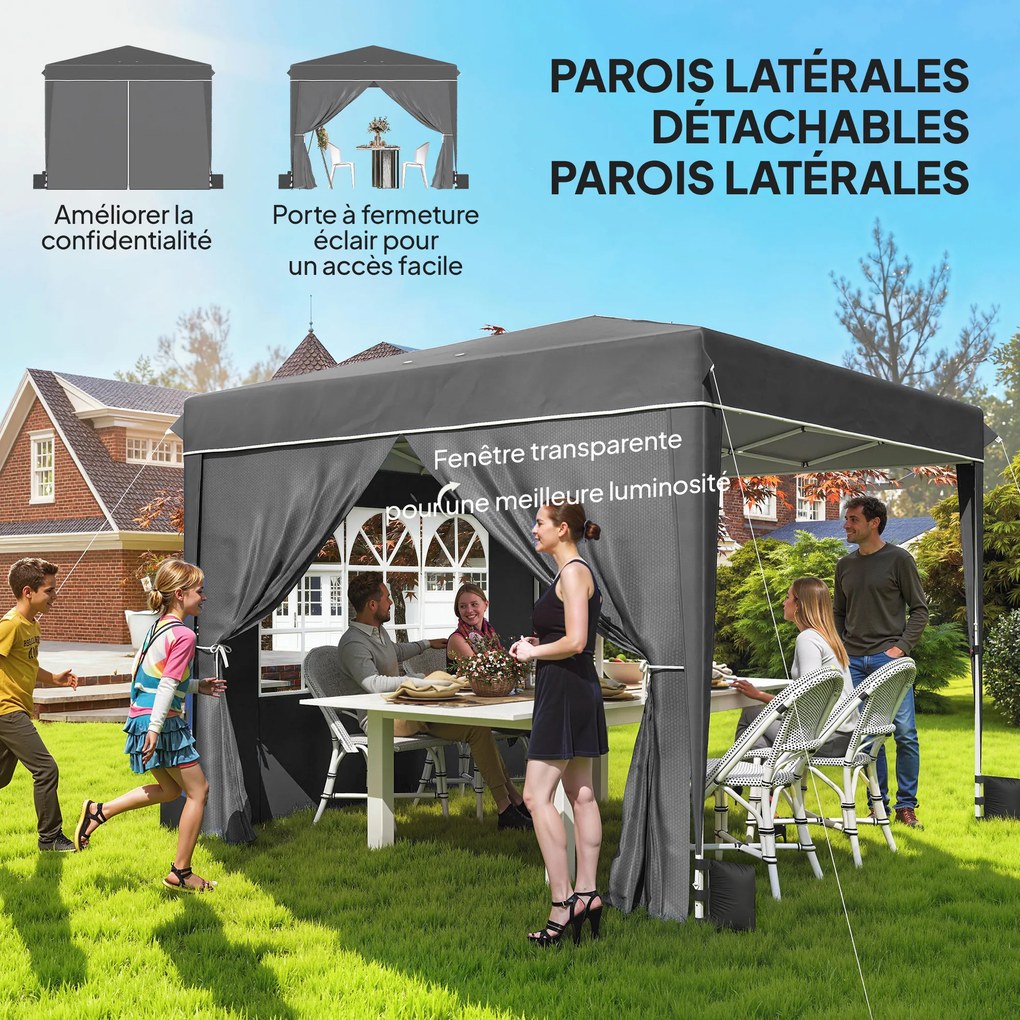 Tenda de jardim para exterior 3x3 m, tenda dobrável com paredes laterais, proteção UV 50+, saco de transporte, cinzento