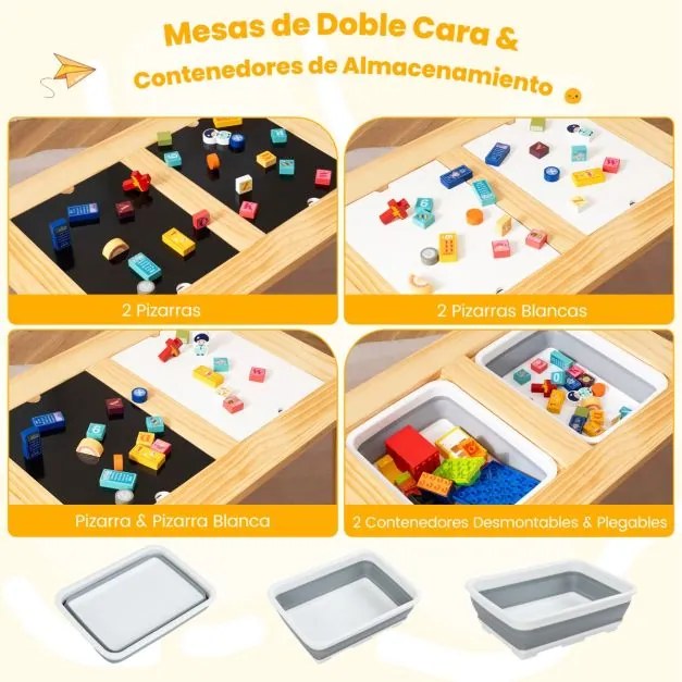 Mesa para crianças 3+ anos sensorial com bancos Superfícies duplas removíveis Baldes e pinho Natural e preto e branco