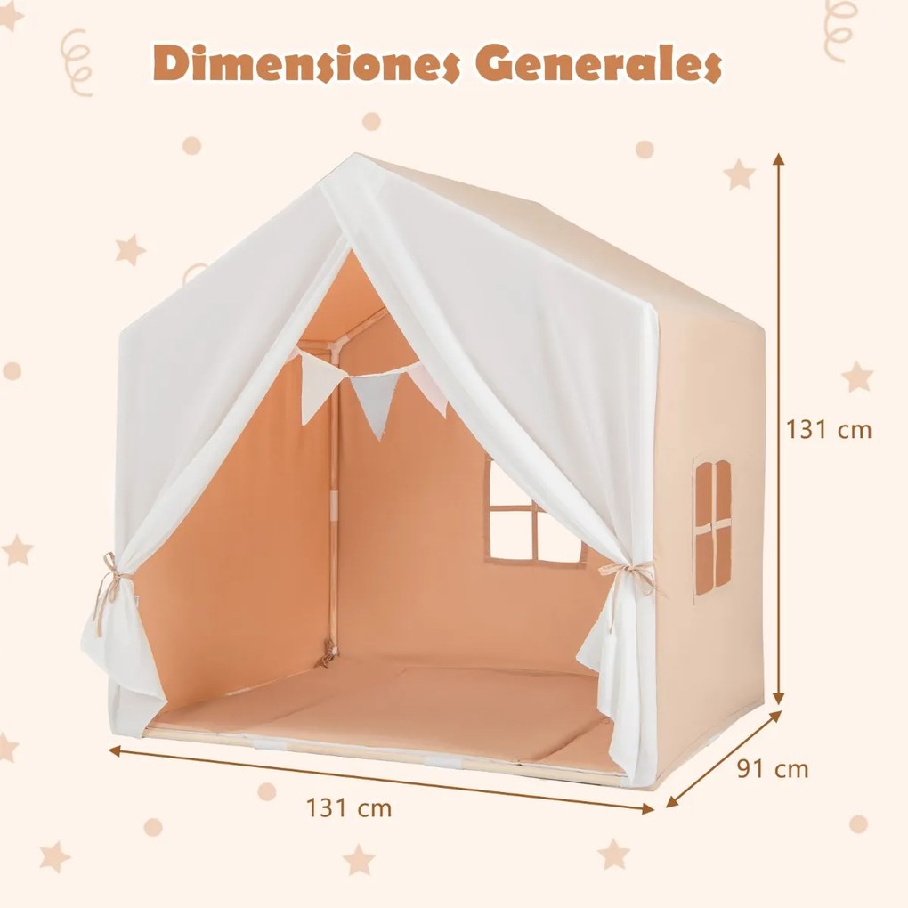 Tenda Infantil com Tapete Lavável e Janelas Estrutura em Madeira Maciça 131 x 91 x 131 cm Castanho Claro