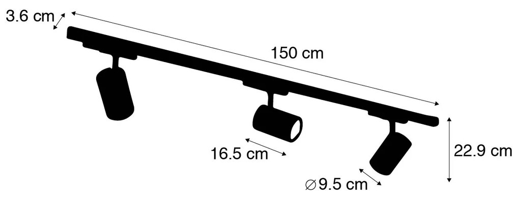 LED Sistema de iluminação de trilhos moderno trifásico com 3 holofotes pretos à direita - Régua trifásica Moderno