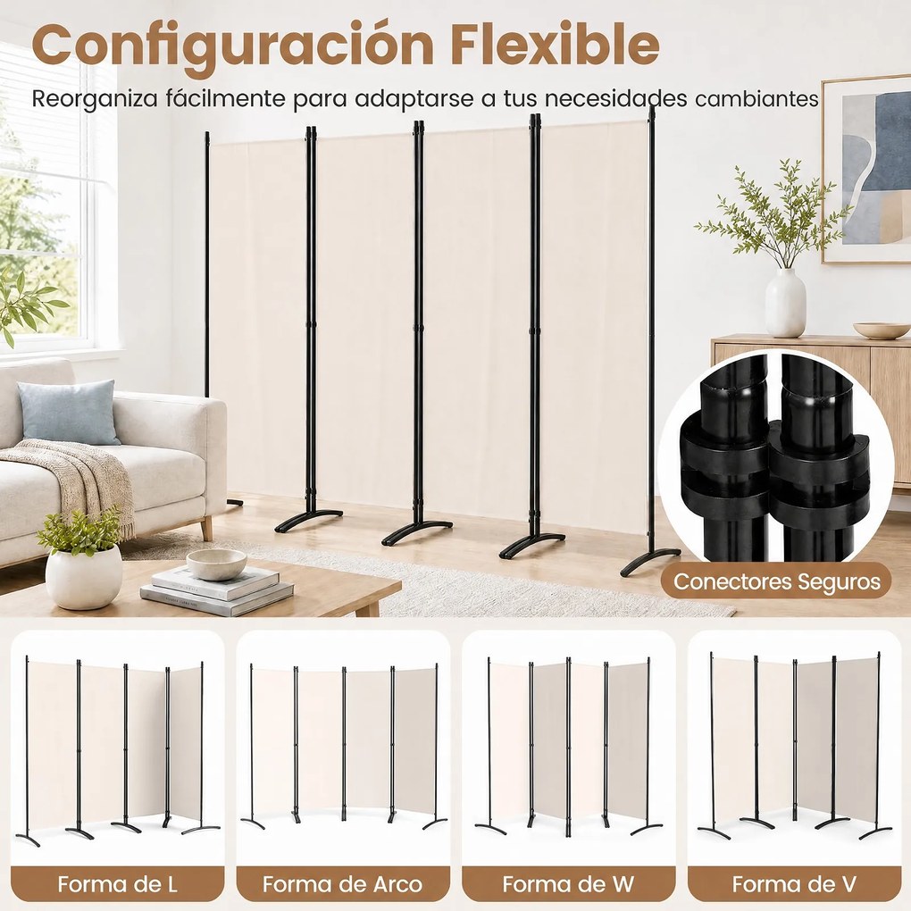 Biombo Separador de Ambientes de 4 Painéis, 224 x 52 x 173 cm, Dobrável, Bege