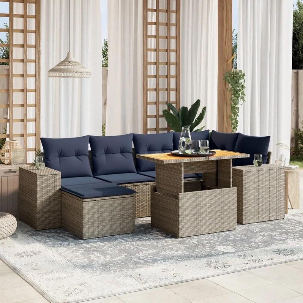 vidaXL 7 pcs conjunto sofás p/ jardim c/ almofadões vime PE cinzento