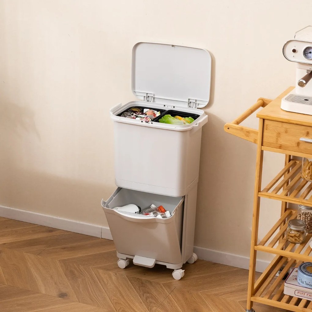 Caixote do lixo de 36 L com 2 cubos e autocolantes para classificação do lixo Contentor de resíduos com rodas universais Branco