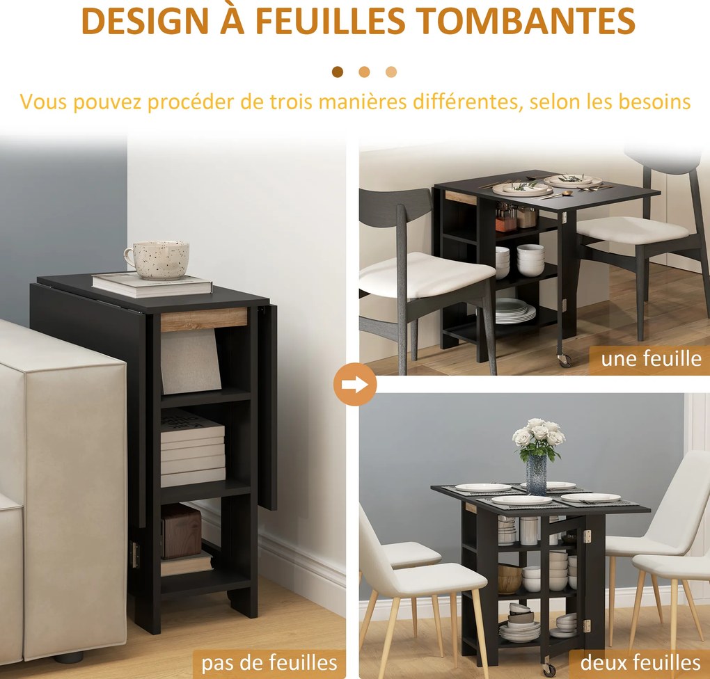 Mesa de cozinha e de jantar dobrável e desmontável 120 x 60 x 75 cm, com 3 prateleiras e 2 abas, design moderno, preta