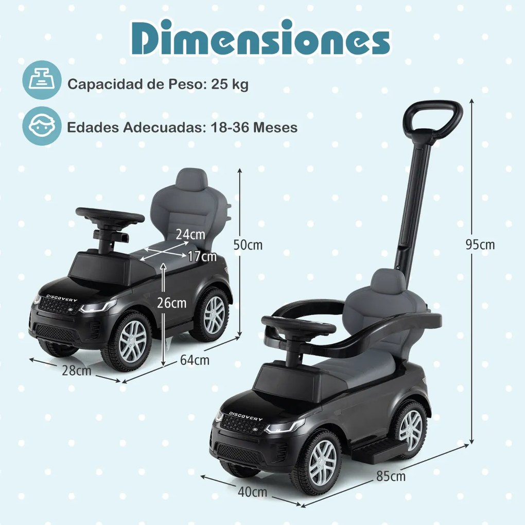 Carro de empurrar 3 em 1 para crianças de 18 a 36 meses com alça removível com buzina e som Preto