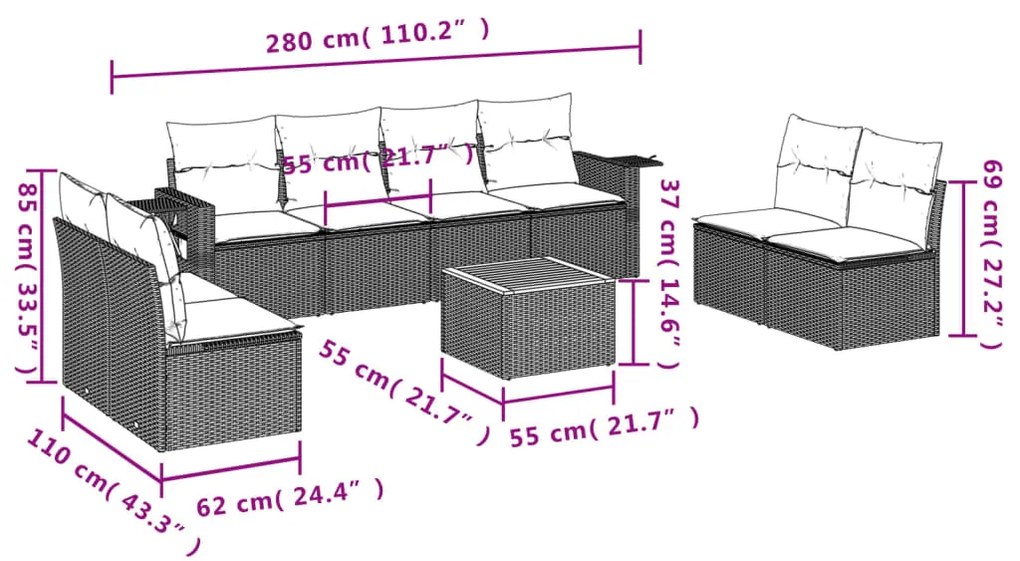 9 pcs conjunto sofás p/ jardim com almofadões vime PE cinzento