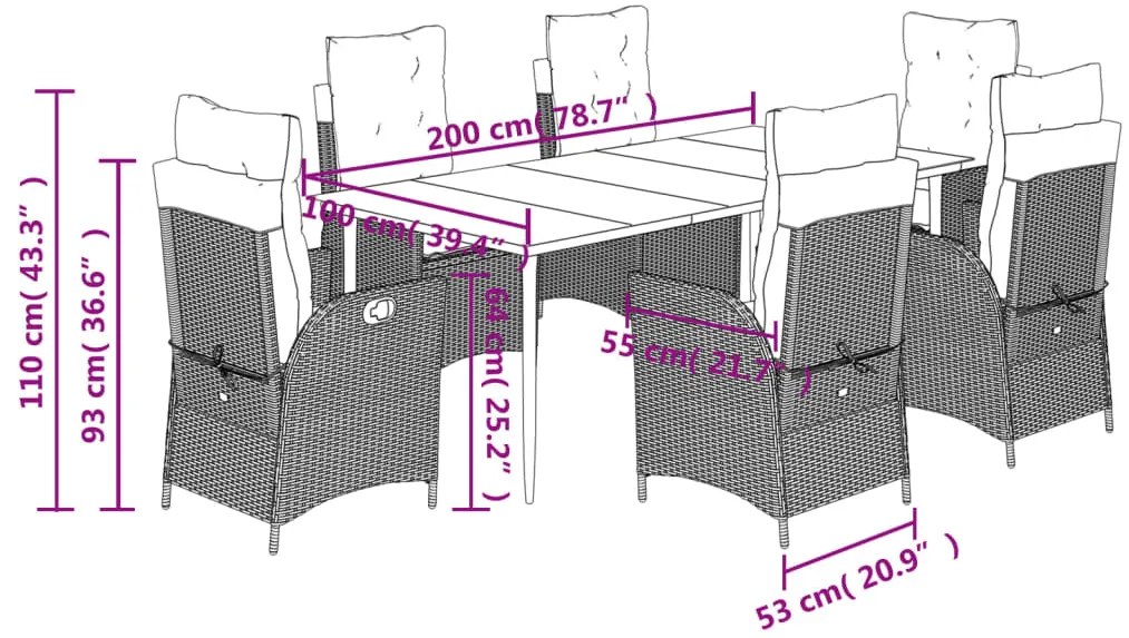 7 pcs conjunto jantar p/ jardim c/ almofadões vime PE castanho
