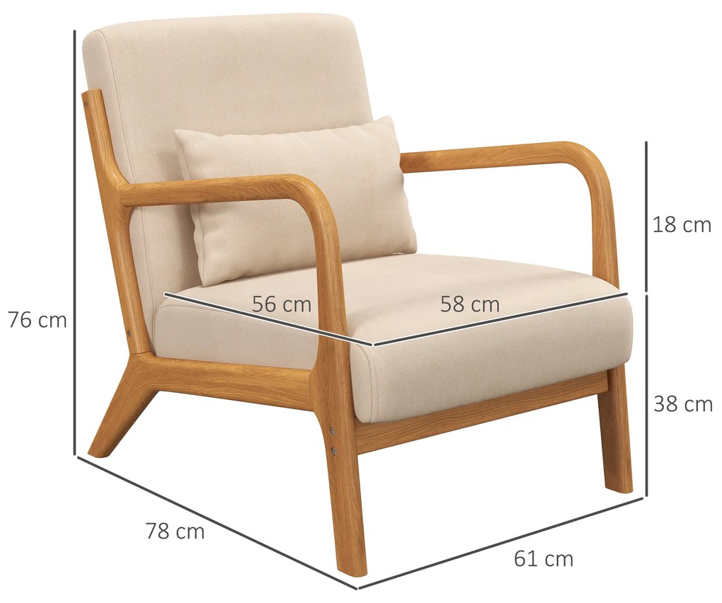 Poltrona Sala de Estar Nórdica Acolchoada com Apoio para os Braços e Estrutura de Madeira de Borracha 61x78x76 cm Bege