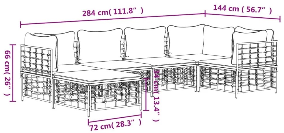 6 pcs conjunto lounge de jardim c/ almofadões vime PE antracite
