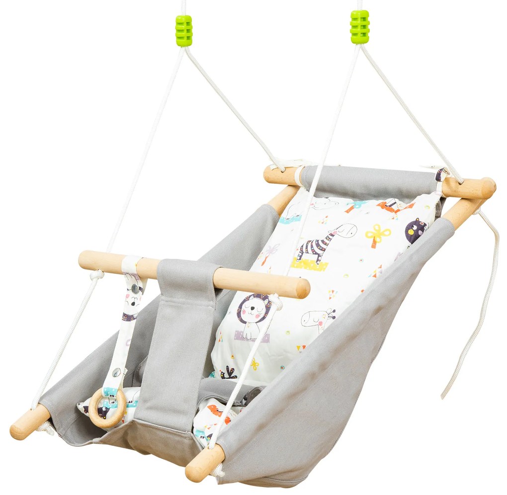 Baloiço para Bebé Baloiço de Madeira Infantil com Altura Ajustável Almofada Acolchoada e Cinto de Segurança para Interior e Exterior Carga Máxima 80kg