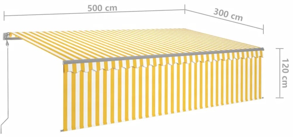 Toldo autom. c/ estore/LED/sensor de vento 5x3 m amarelo/branco