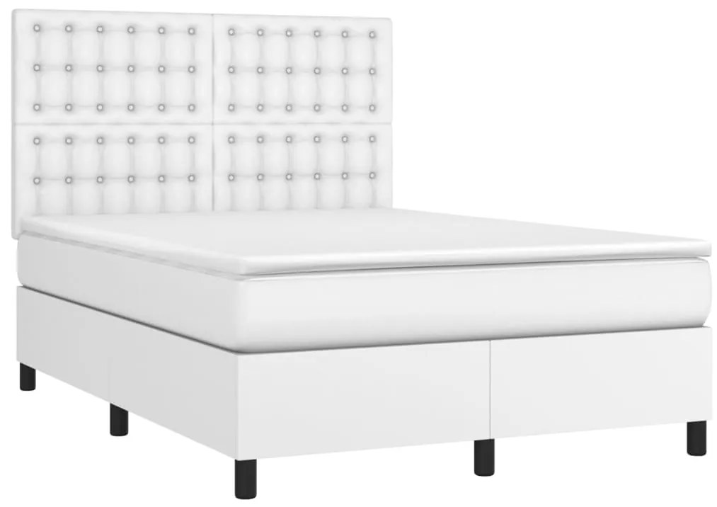 Cama box spring c/colchão/LED 140x190cm couro artificial branco