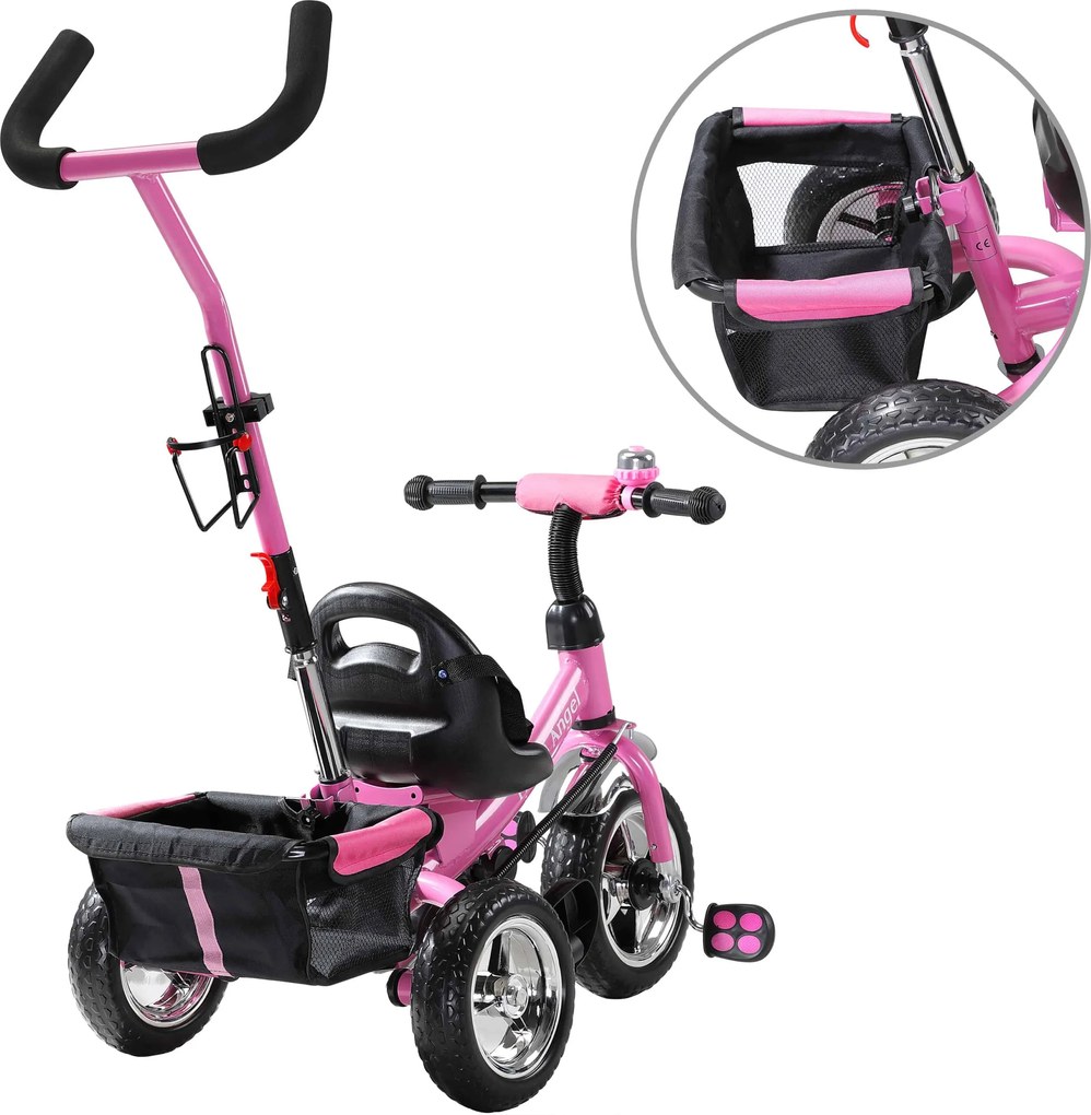 Triciclo para crianças Free Angel com Barra de empurrar em metal cor-de-rosa