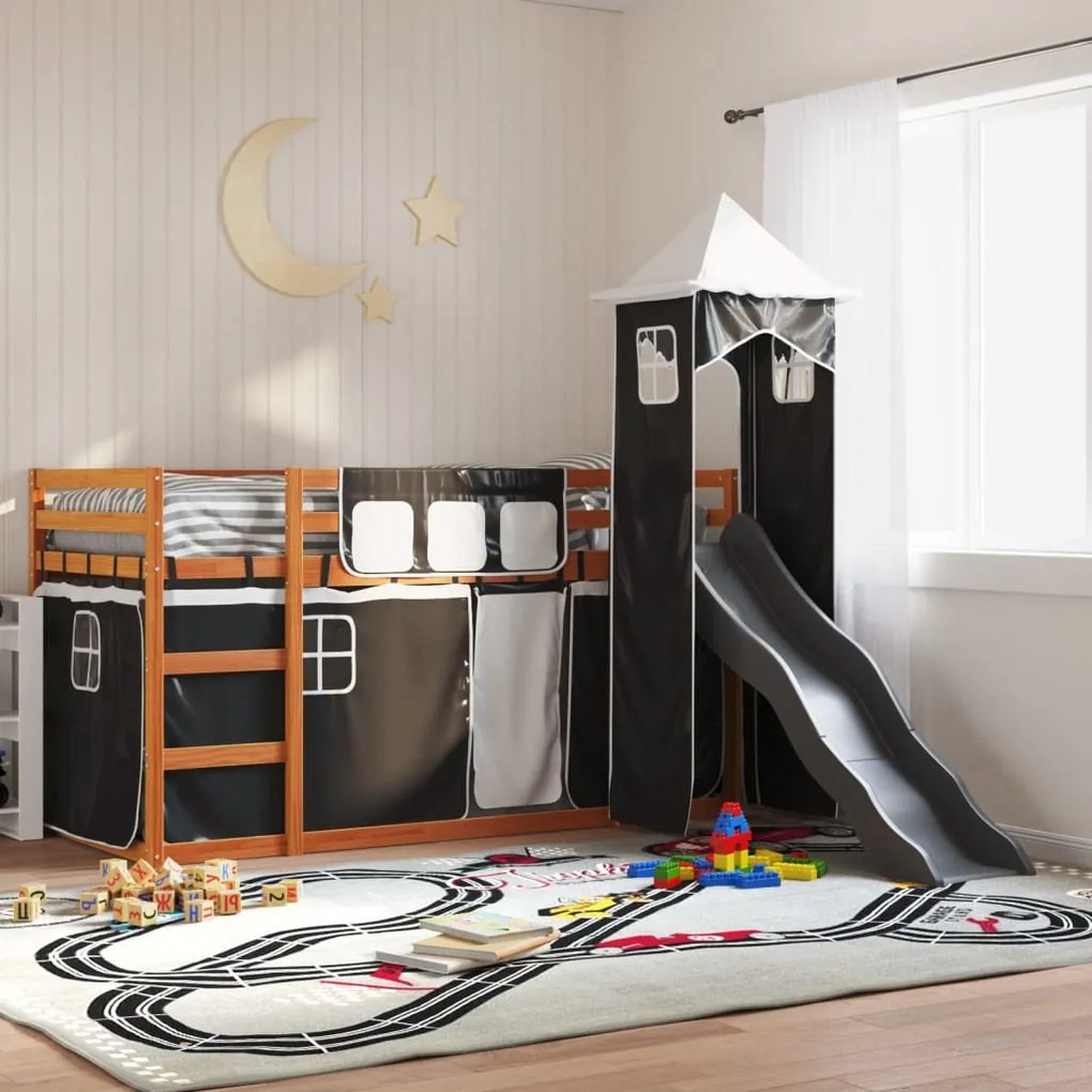 vidaXL Beliche com escorrega e cortinas 90x200 cm branco e preto