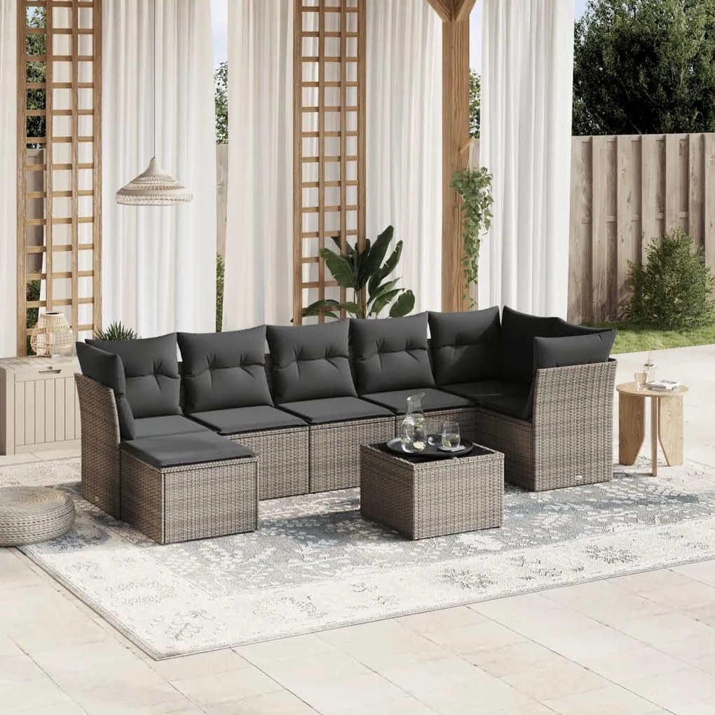 8 pcs conjunto sofás de jardim c/ almofadões vime PE cinzento
