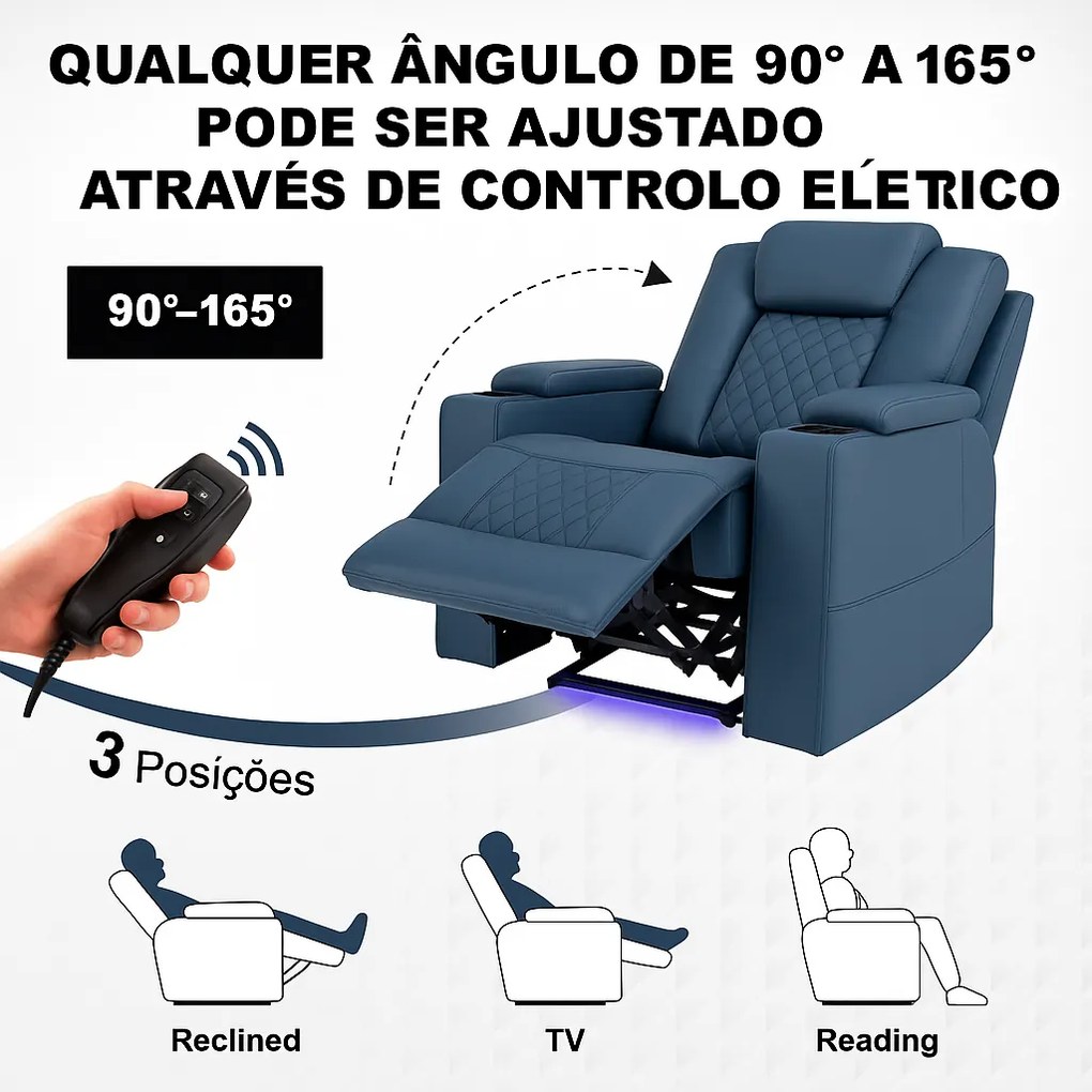 Poltrona Relax Elétrica Reclinável Sintra – Azul – Com Massagem, LED,