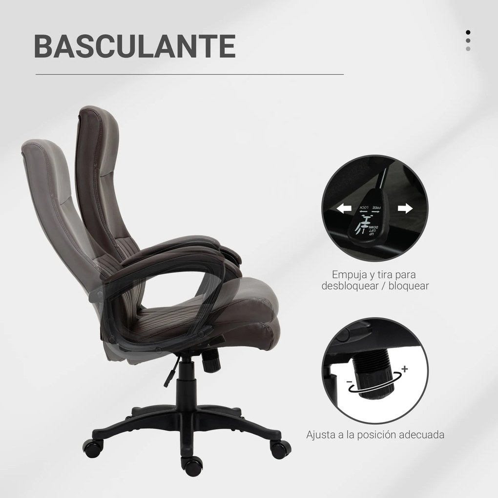 Vinsetto Cadeira de Escritório Ergonômica Cadeira de Escritório Basculante e Giratória 360° com Altura Ajustável Encosto Alto e Apoio para os Braços Pele Sintética 61,5x66x113-123cm Marrom