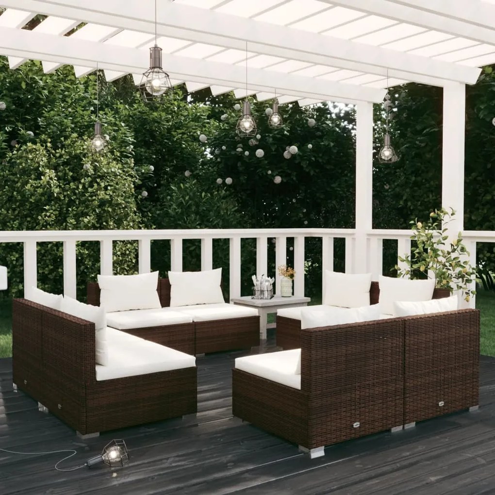 vidaXL 8 pcs conjunto lounge jardim c/ almofadões vime PE castanho