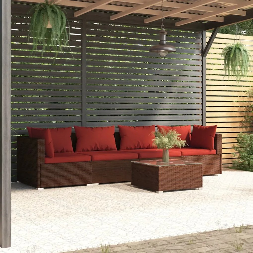 vidaXL 5 pcs conjunto lounge jardim c/ almofadões vime PE castanho
