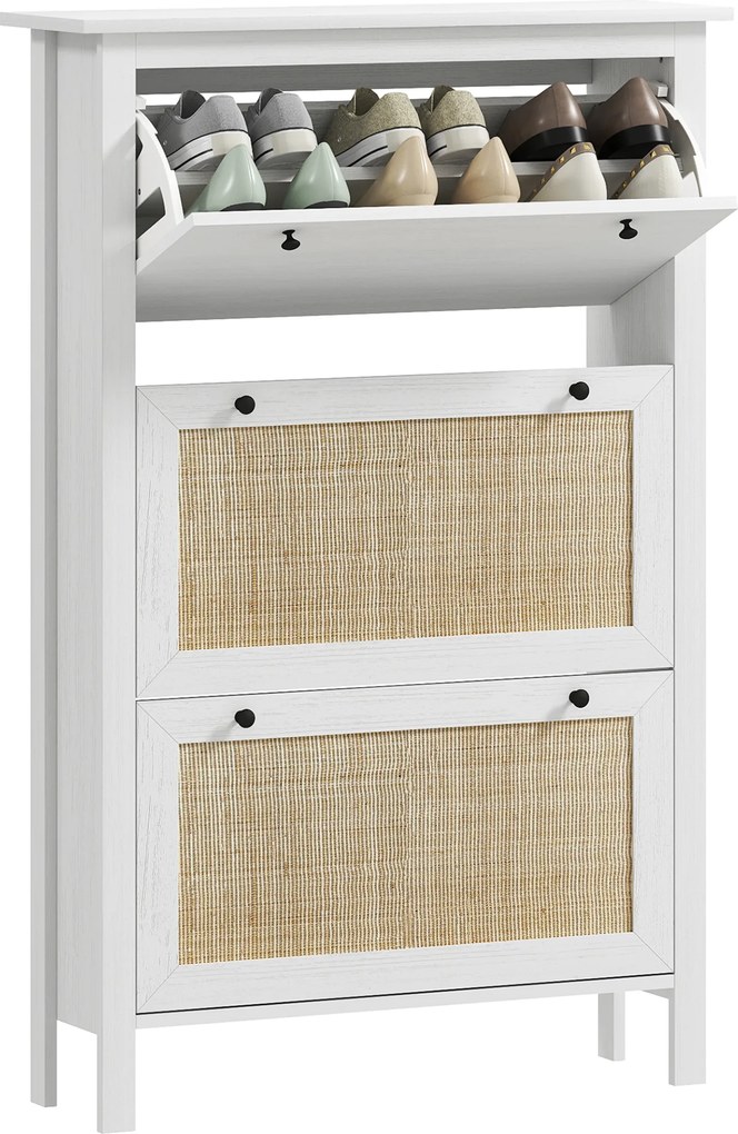 Sapateira, Móvel para sapatos 80 x 23,5 x 121,5 cm, armário de 3 portas com abas, efeito de vime - em madeira natural