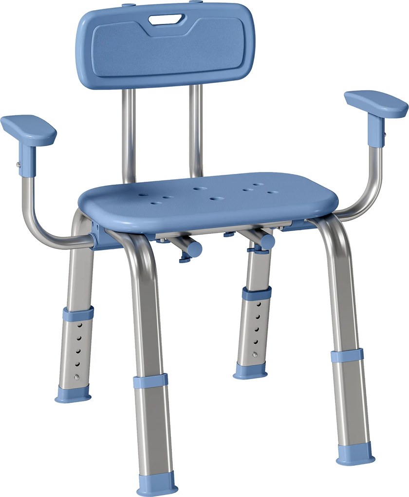 HOMCOM Banco de duche cadeira de duche ergonómica com apoios de braços, encosto, altura e assento ajustáveis, azul | Aosom Portugal