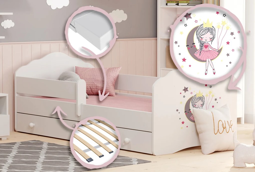 Cama infantil princesa FALA branca 160x80 com gaveta - colchão e estrado incluído