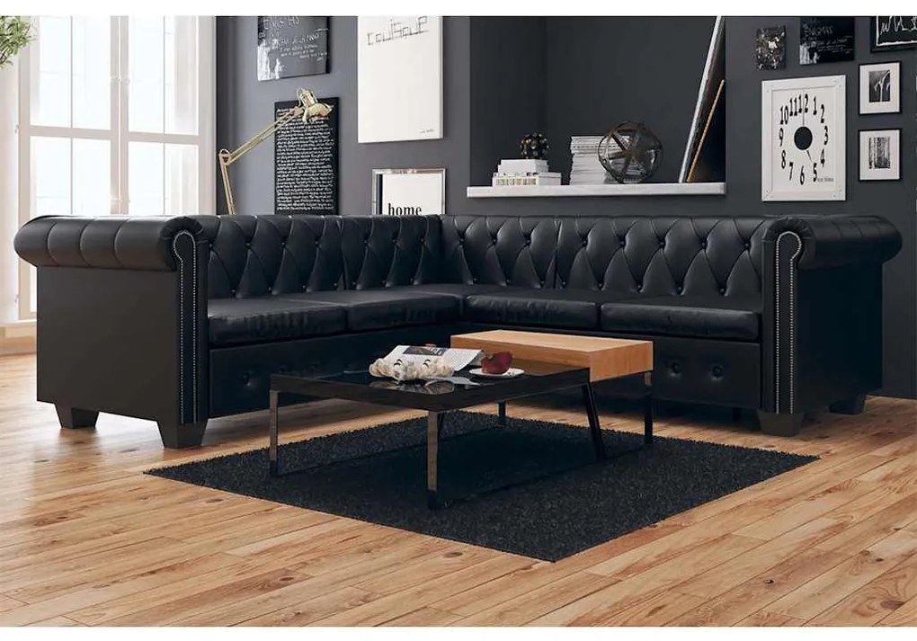 Sofá de canto Chesterfield 5 lugares couro artificial preto
