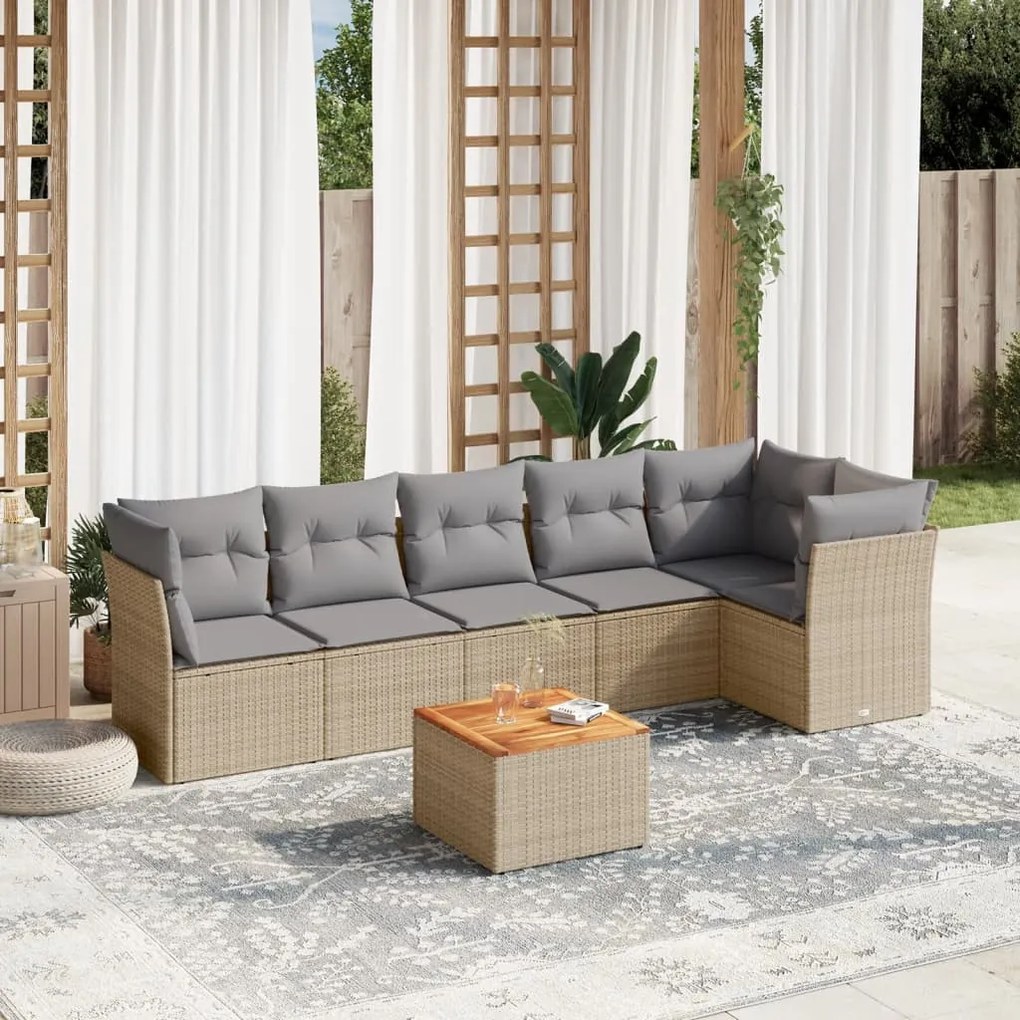 7 pcs conj. sofás jardim c/ almofadões vime PE bege misturado