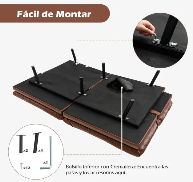 Sofá-cama dobrável de 3 lugares 182 x 87 x 82 cm PU Futon conversível de espuma viscoelástica com encosto e apoios de braços ajustáveis Castanho