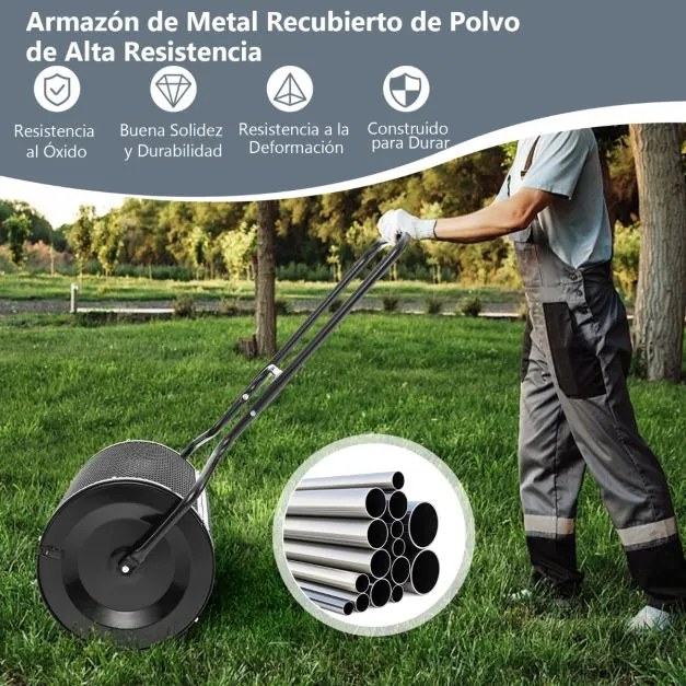 Rolo Espalhador de jardim metálico com trincos laterais melhorados e pega em forma de U para relvados de jardim 68 x 41 x 123 cm Preto