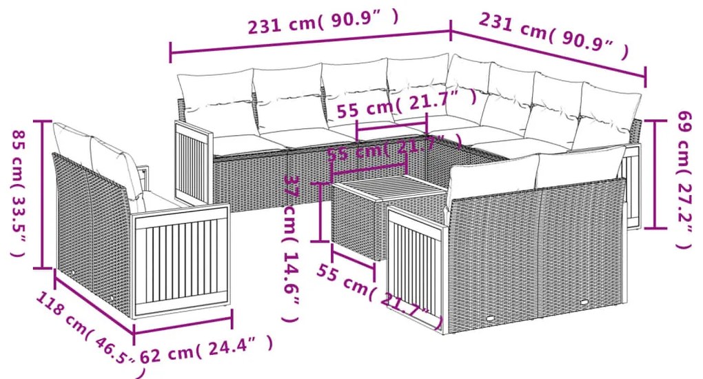 12 pcs conjunto de sofás jardim c/ almofadões vime PE cinzento