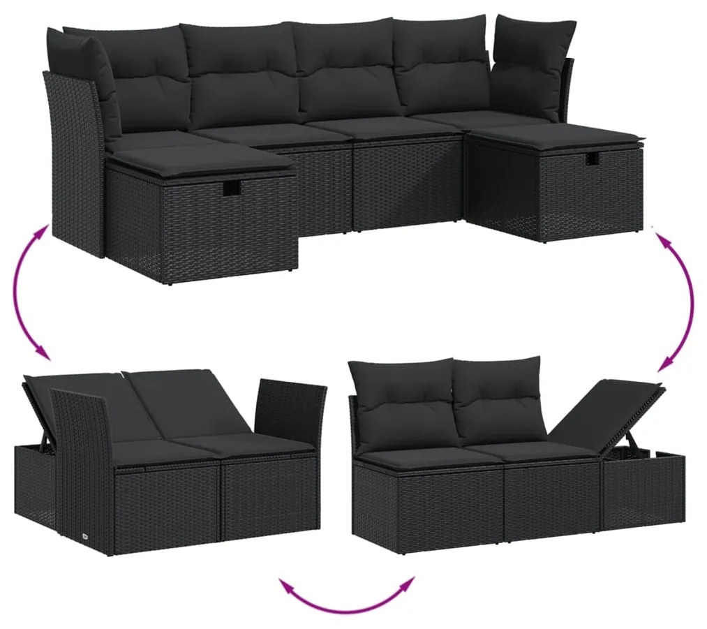 6 pcs conjunto sofás de jardim c/ almofadões vime PE preto