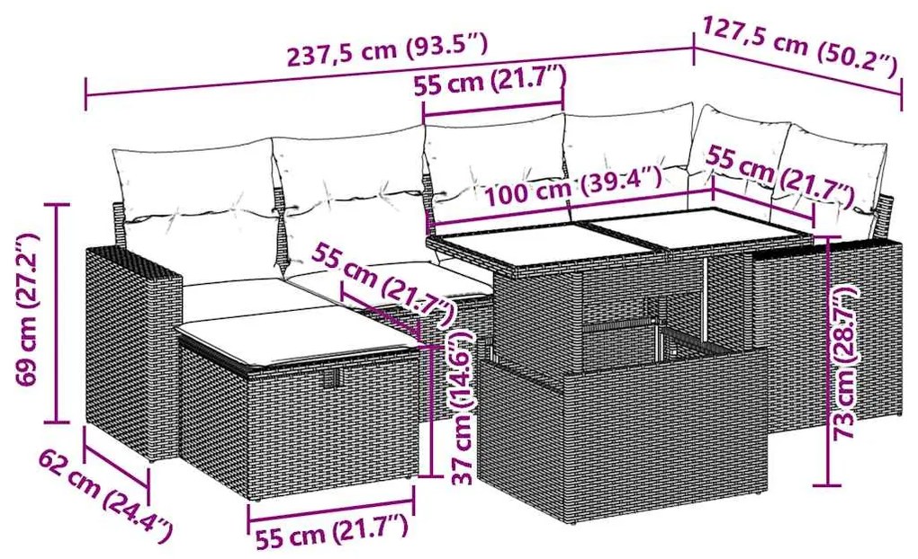 7 pcs conjunto de sofás p/ jardim com almofadões vime PE bege
