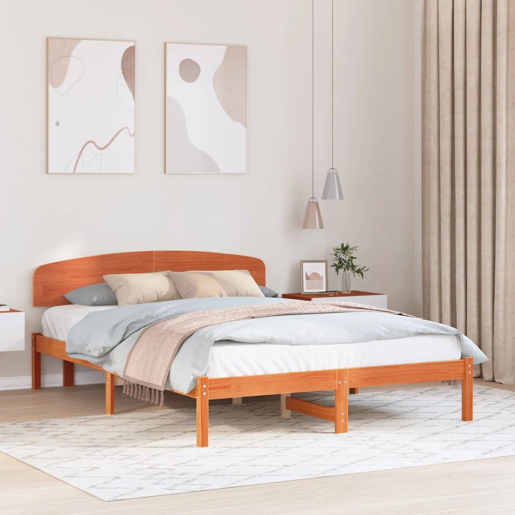 Estrado de Cama com Cabeceira Castanho Encerado 140x200 cm Madeira Sól