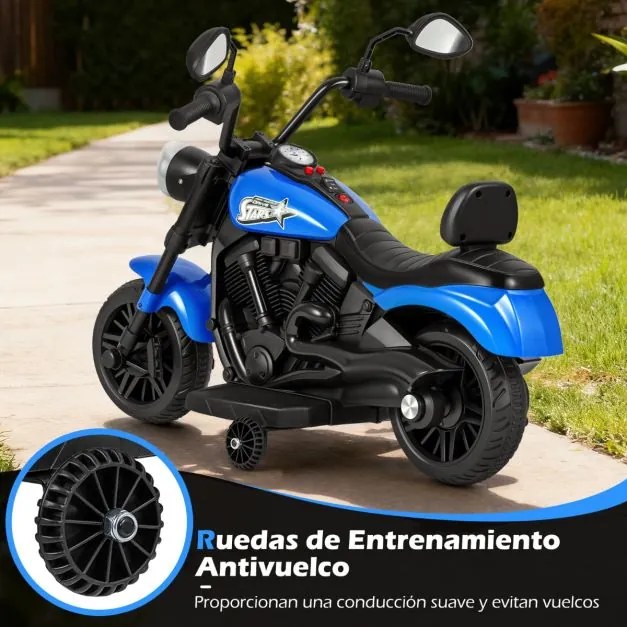 Mota elétrica infantil de 6 V com farol LED, música, 2 rodas, pedais de treino e espelhos retrovisores – a partir dos 18 meses – Preto + Azul