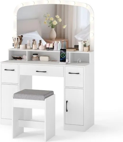 Toucador com espelho e luzes 108 x 40 x 149 cm com banco e Estação de carregamento 3 cores de luz 3 gavetas 2 armarios para quarto Branco