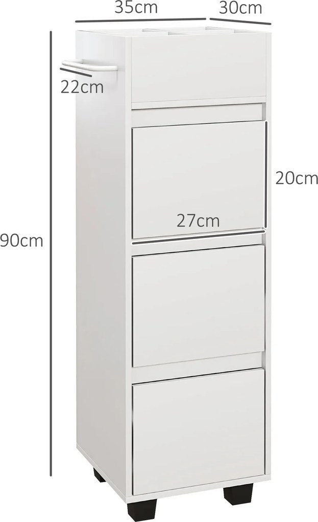 Móvel de arrumação para casa de banho com 4 compartimentos, 3 gavetas e toalheiro, 35 x 30 x 90 cm, branco